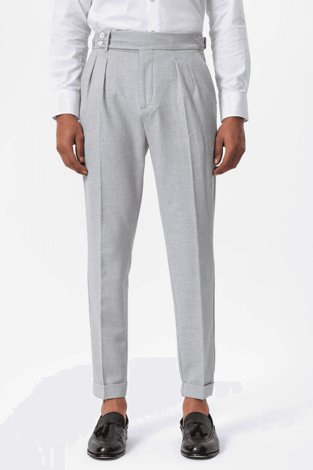 Men's High-Waisted Pleated Belted Trousers - Gray, Regular Fit, Comfortable for Every Season, Casual and Classic Style Suitable for Young Men