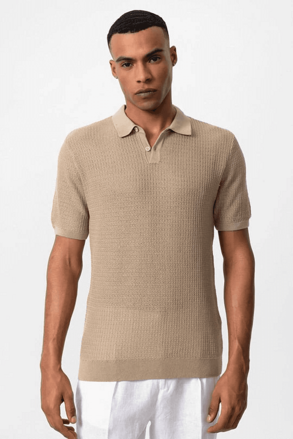 Erkek Polo Yaka Örme Kumaş Thişört-Krem