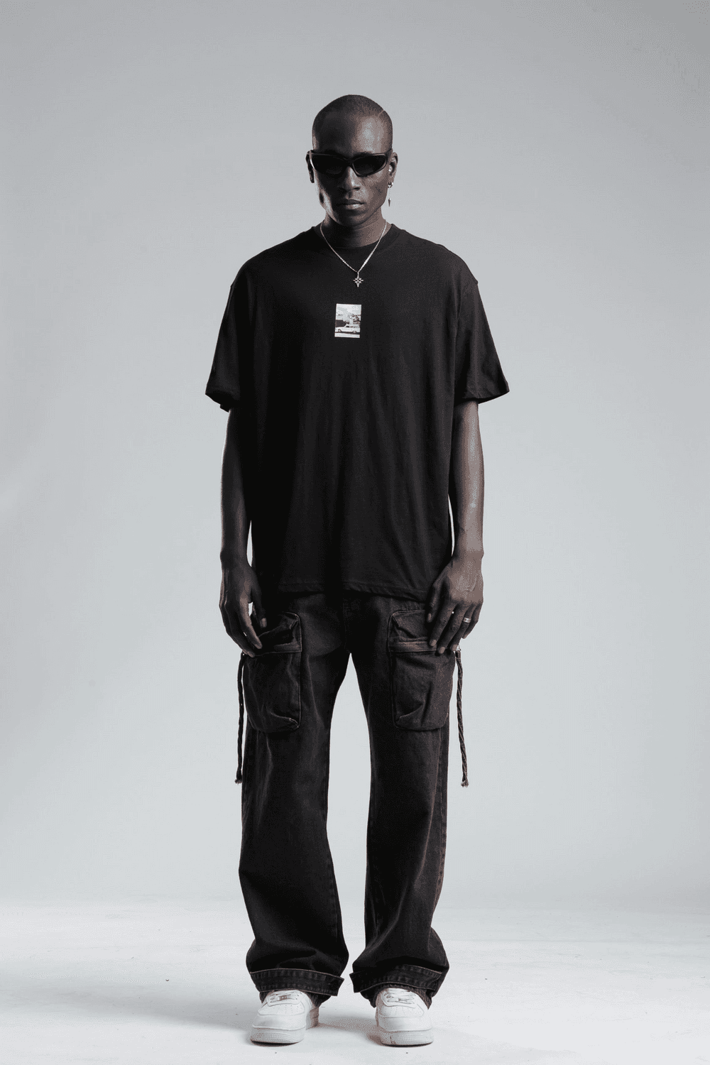 Erkek Owersıze Bisiklet Yaka Baskılı Tişört -Siyah