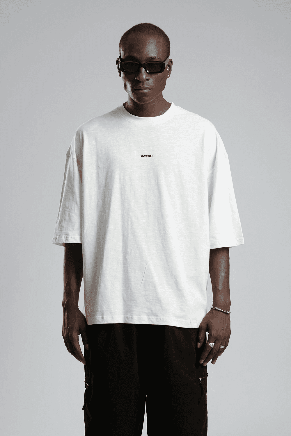 Erkek Owersıze Bisiklet Yaka Catch Baskılı Tişört -Beyaz