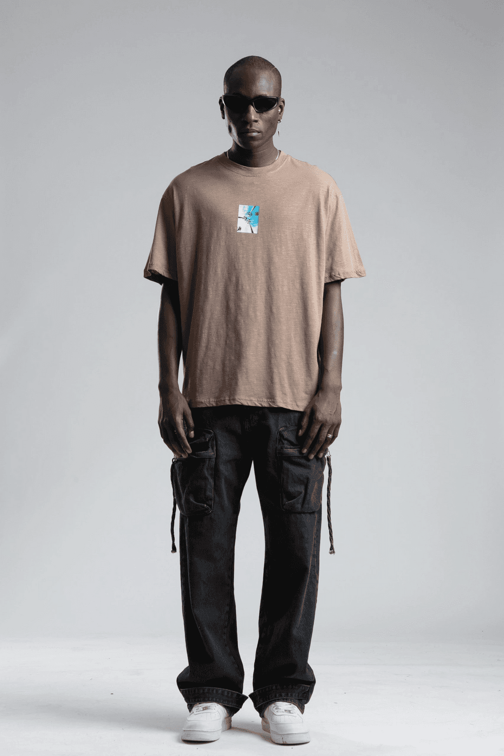 Erkek Owersıze Bisiklet Yaka California Baskılı Tişört -Kahverengi