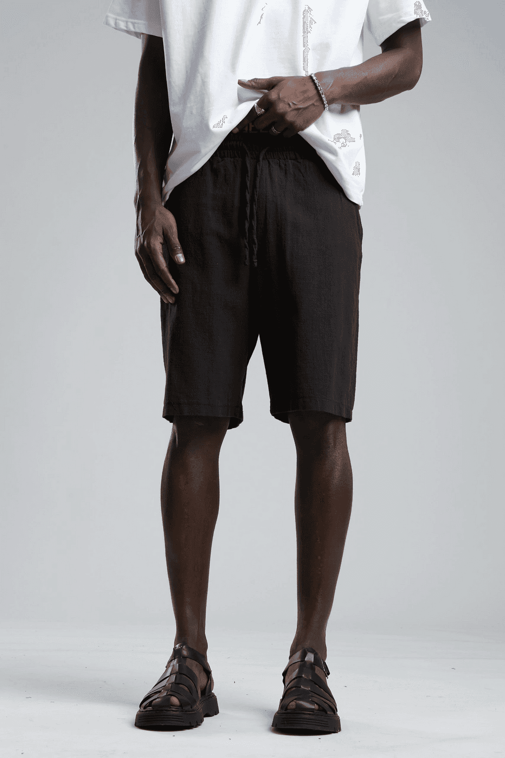 Erkek Beli Lastikli Keten Şort- Siyah