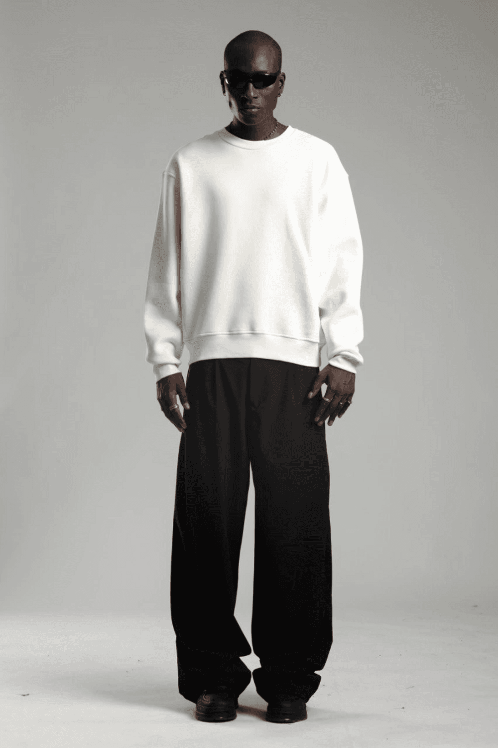 Erkek Owersize İçi Şardonlu Bisiklet Yaka Sweatshirt -Beyaz