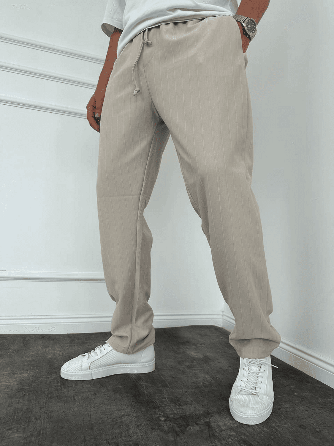 Erkek Kendinden Çizgili Beli Lastikli Likralı Bagy Pantolon- Bej