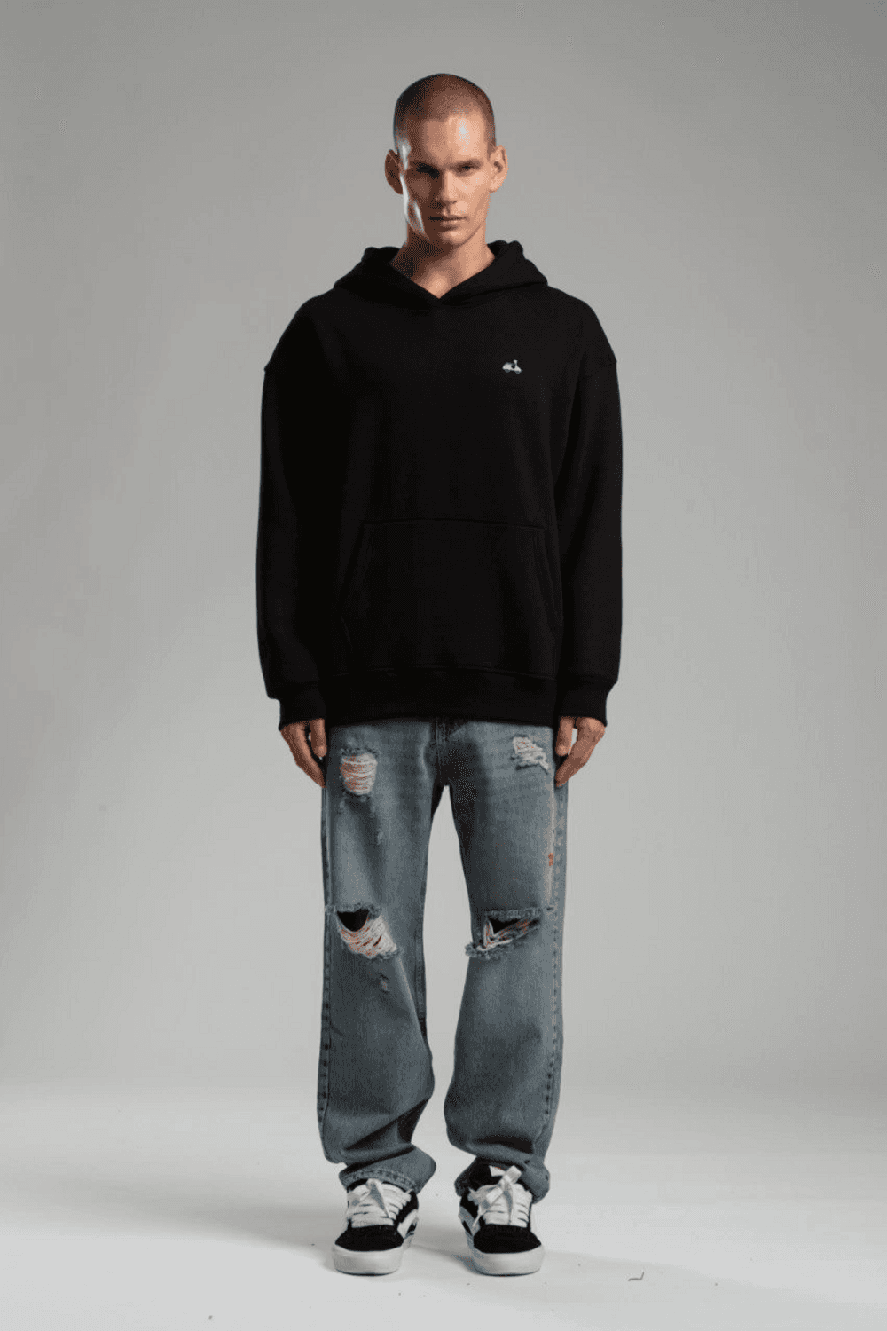 Owersize İçi Şardonlu Kapüşonlu Baskılı Sweatshirt -Siyah