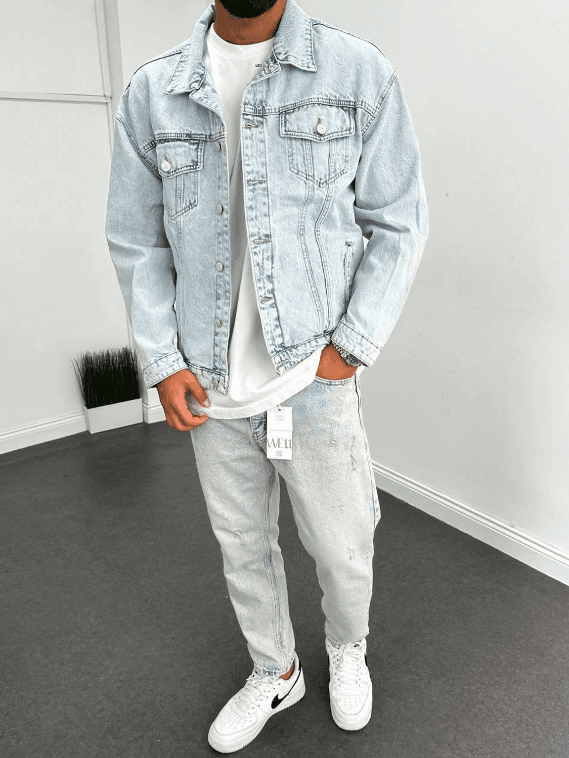 Erkek Owersize Arkası Baskılı Kot Mont-Açık Mavi