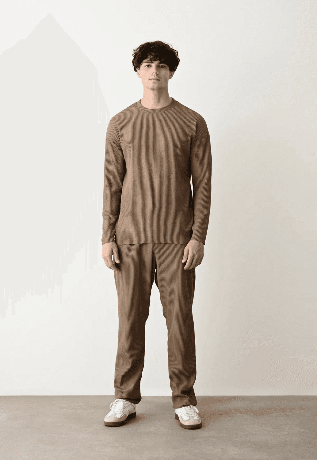 Erkek Bisiklet Yaka Fitilli Uzun Kol Owersıze Sweat - Kahverengi