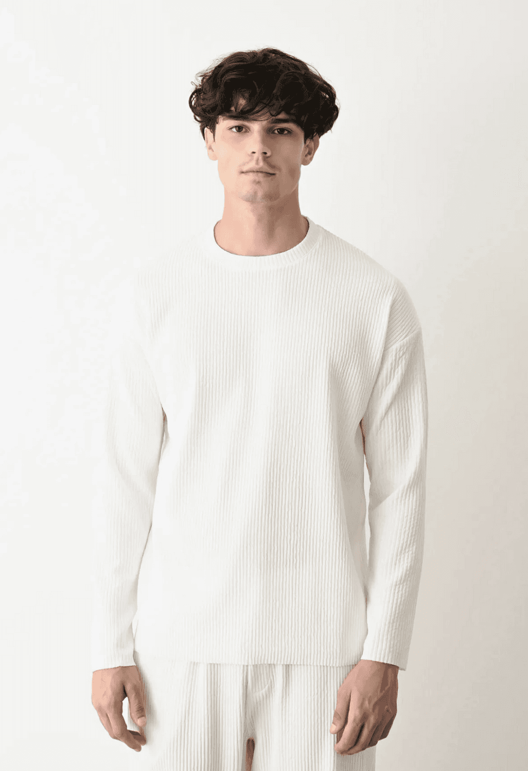 Erkek Bisiklet Yaka Fitilli Uzun Kol Owersıze Sweat - Beyaz