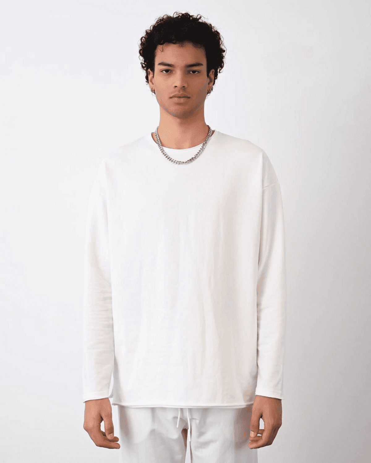 Erkek Bisiklet Yaka 2 İplik Uzun Kol Owersıze Sweat - Beyaz