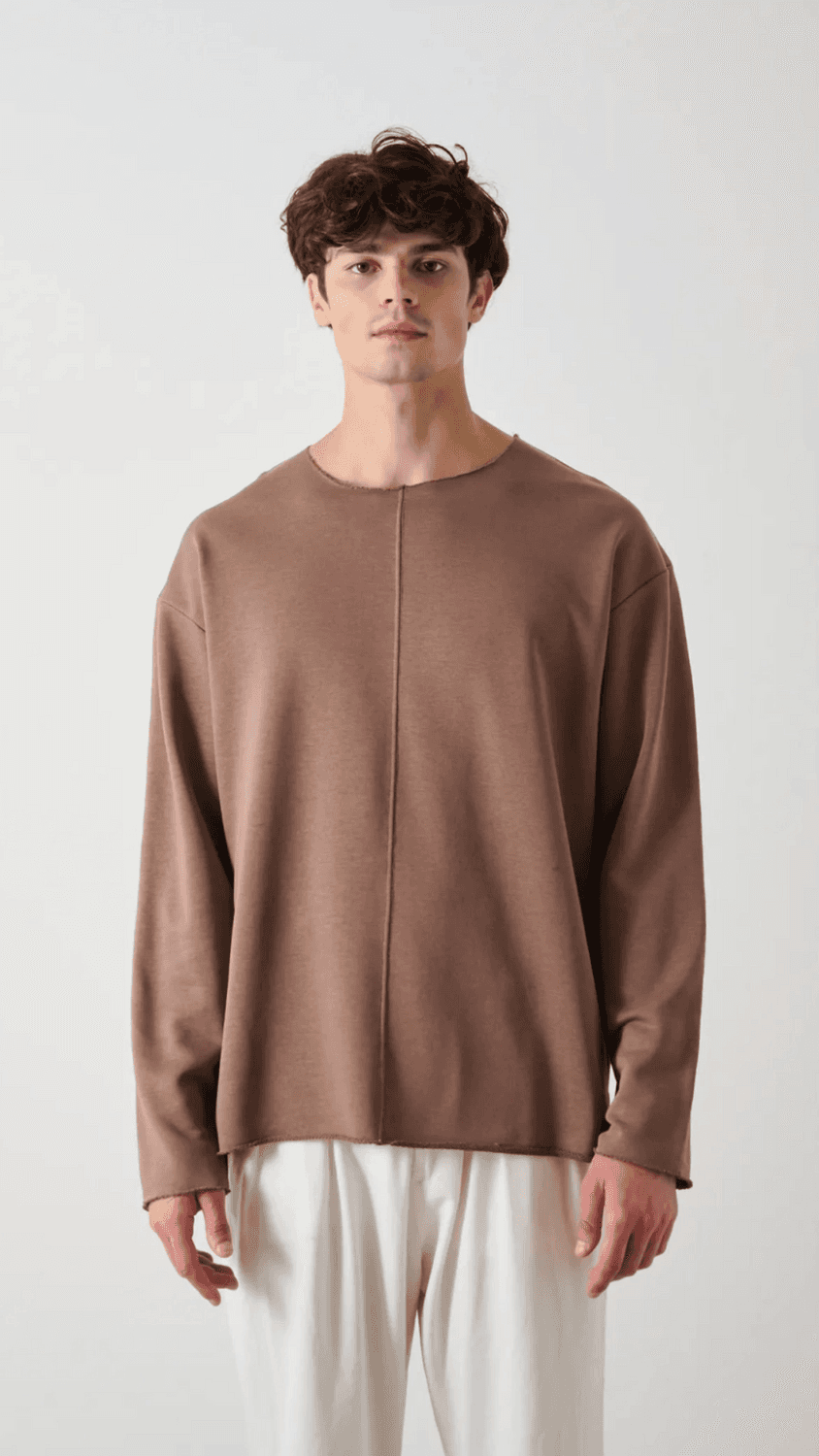 سويت شيرت بيس يكا طويل الأكمام للرجال بحجم كبير - بني