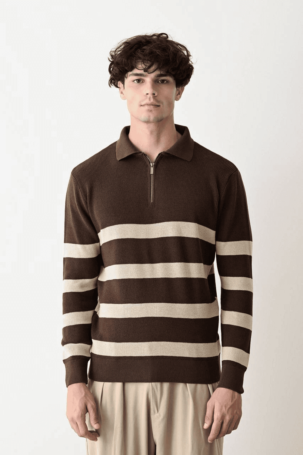 Erkek Polo Yaka Yakası Fermuarlı Uzun Kol Çizgili Triko - Kahverengi-Krem