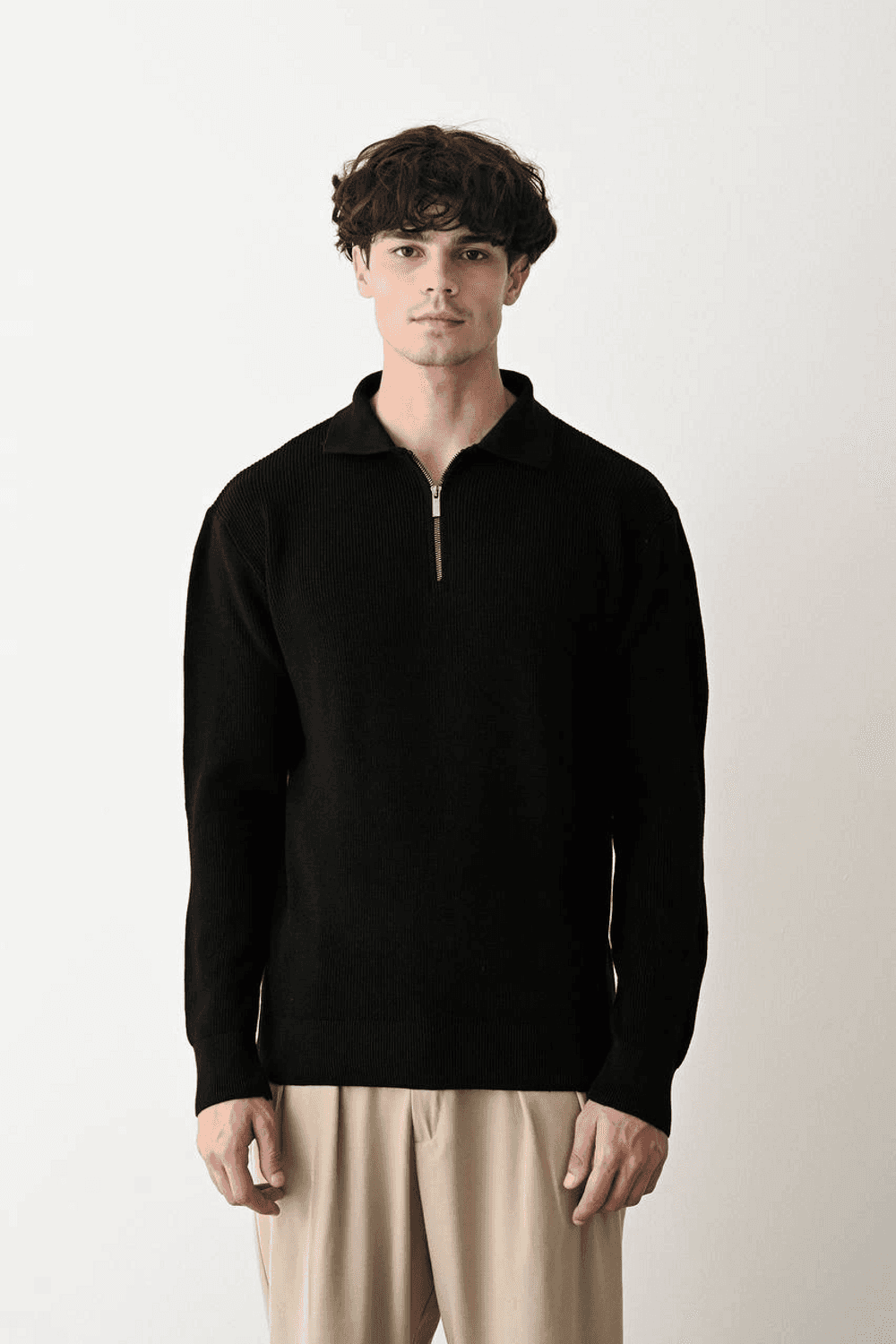 Erkek Polo Yaka Yakası Fermuarlı Uzun Kol Örme Triko - Siyah