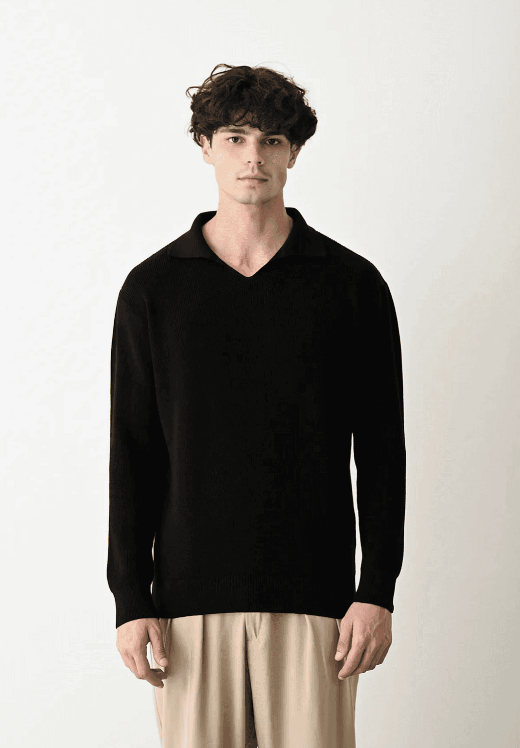 Erkek Polo Yaka Uzun Kol Örme Triko - Siyah