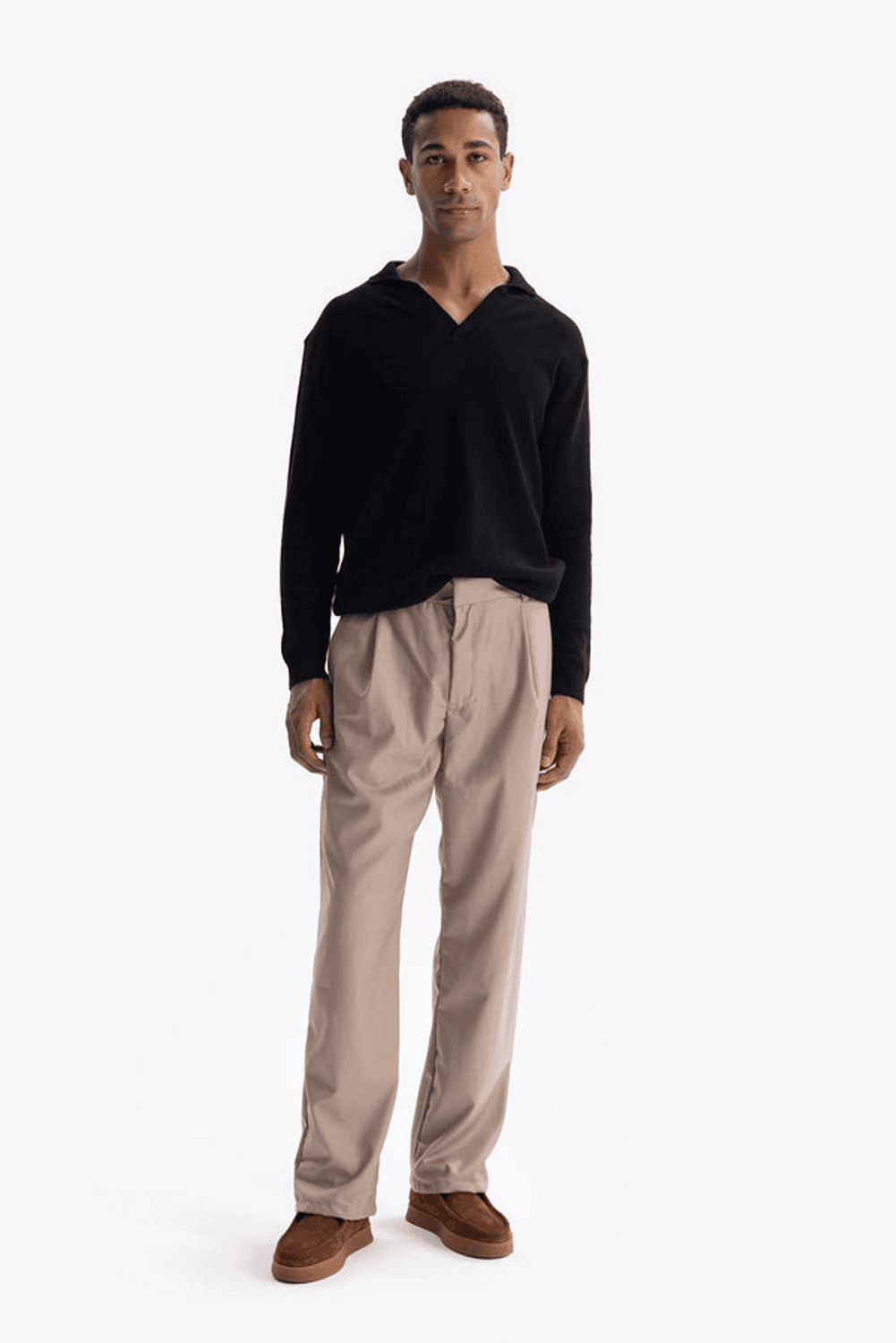 Erkek Polo Yaka Uzun Kol Örme Triko - Siyah