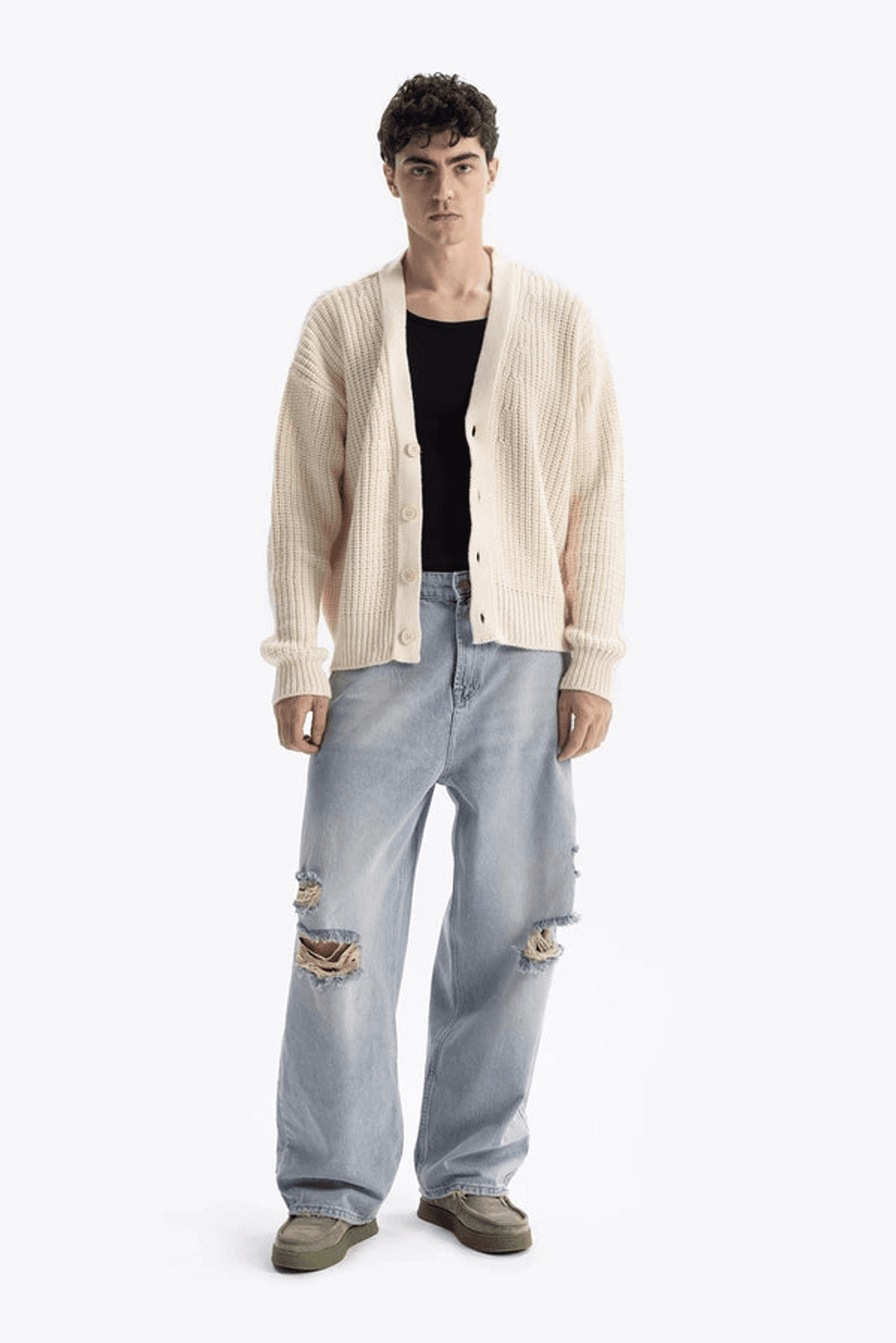 Erkek Owersize Yün V Yaka Hırka -Krem