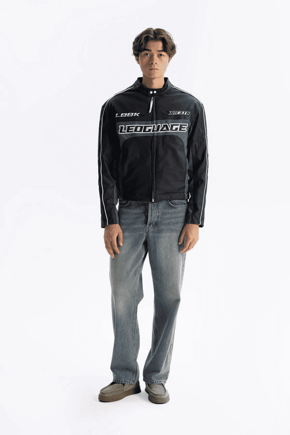 Мужской оверсайз бомбер из кожи с вышивкой - черный-зеленый, размеры S-XL, для роста 160-195 см, вес 60-95 кг