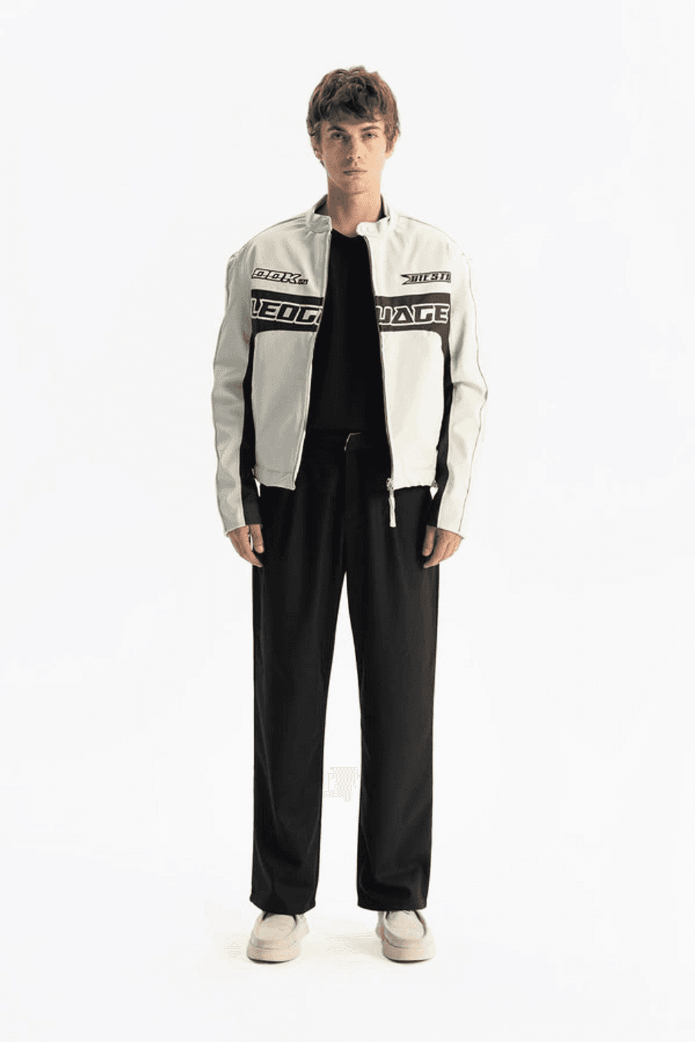 Erkek Owersize Deri Nakışlı Bomber Kolej Mont -Siyah-Bej