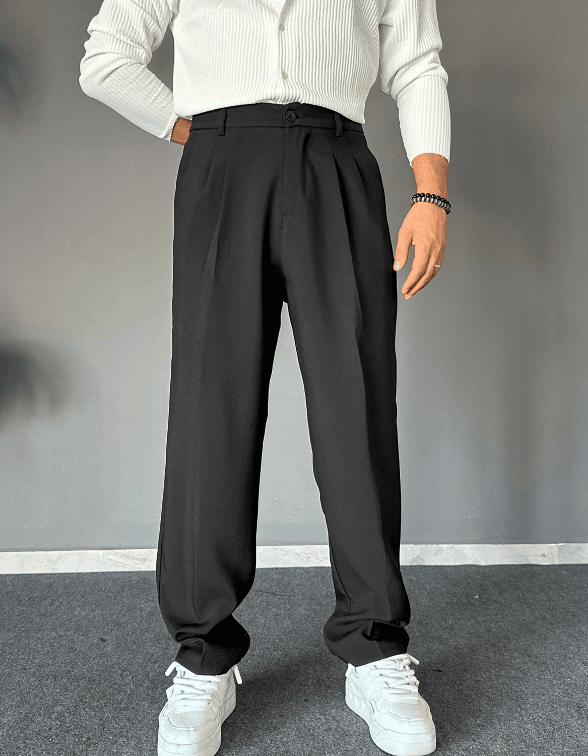 بنطلون رجالي بخامة ليكرا مع خصر مطاطي - أسود