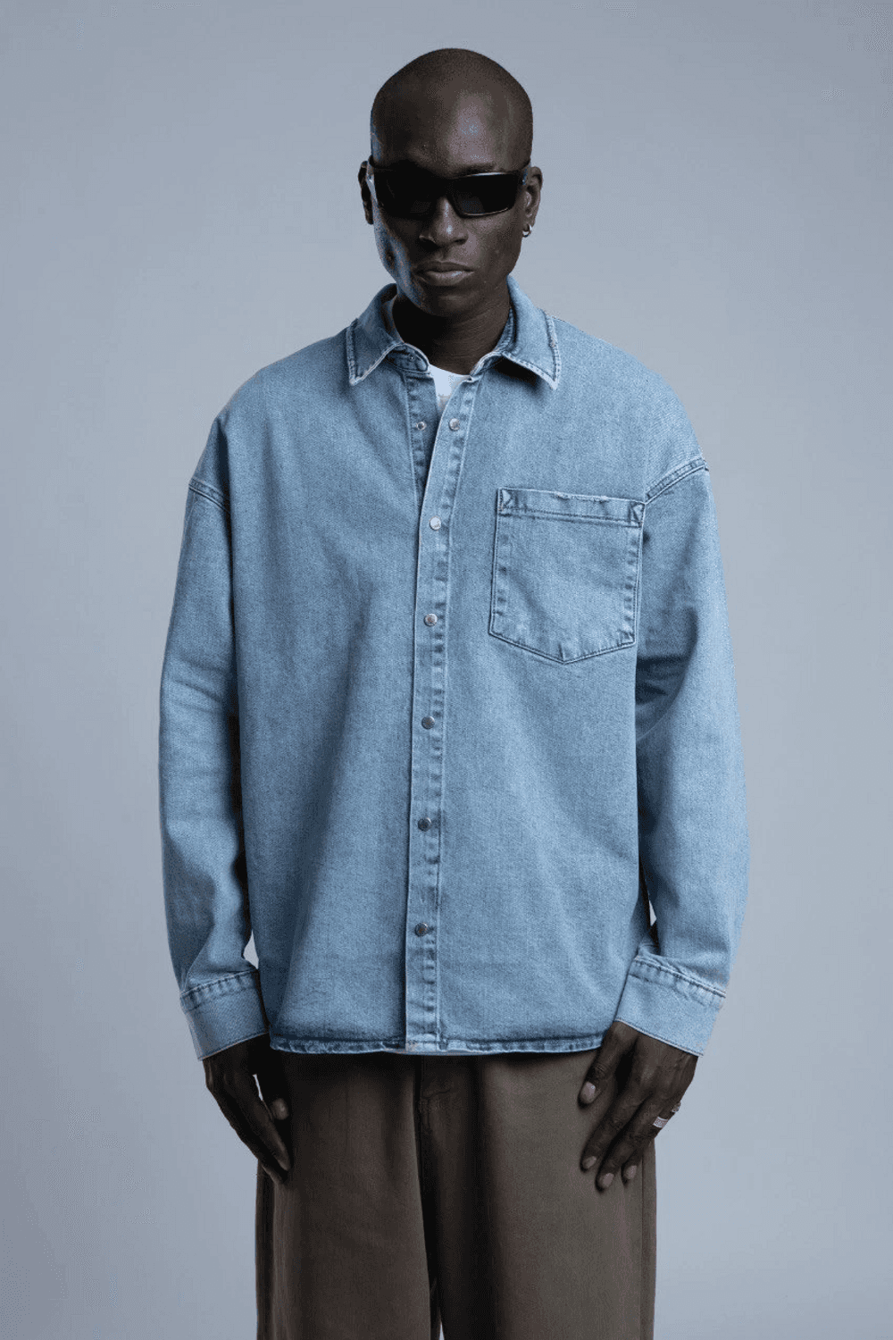 Erkek Owersize Tek Cep Kot Ceket- Mavi