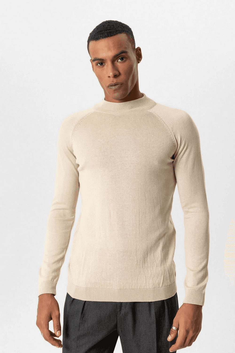 Erkek Owersize Yarım Balıkçı Triko Kazak -Krem