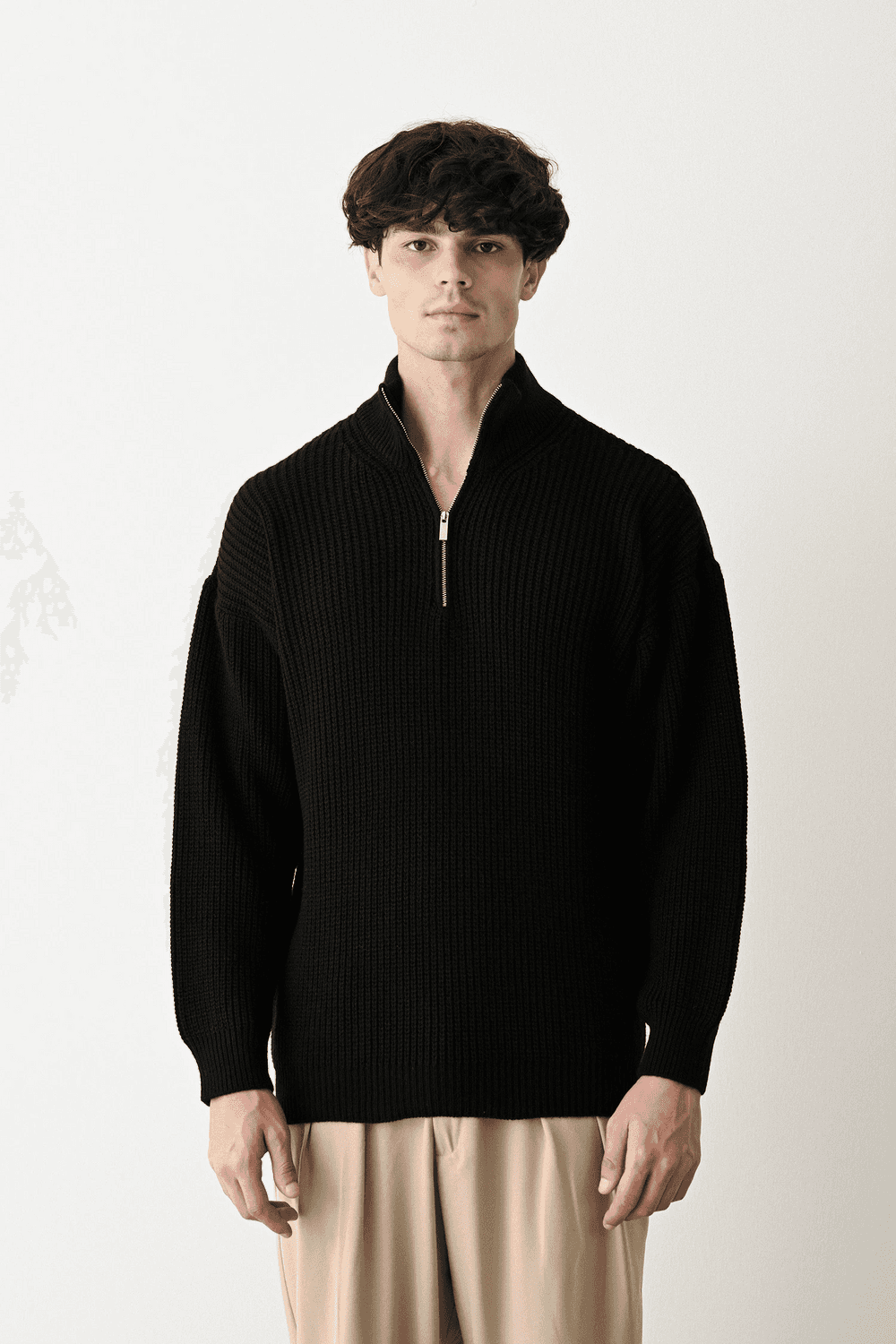 Erkek Hakim Yaka Owersıze Örme Triko - Siyah