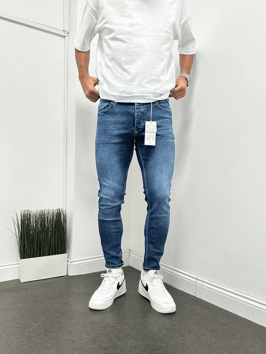 Erkek Dar Kesim Slimfit Taşlamalı Kot Pantolon- Koyu Mavi