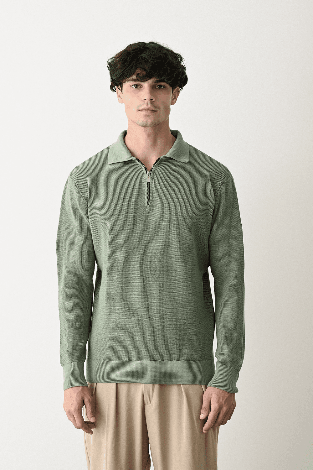 Erkek Polo Yaka Yakası Fermuarlı Uzun Kol Triko -Su Yeşili