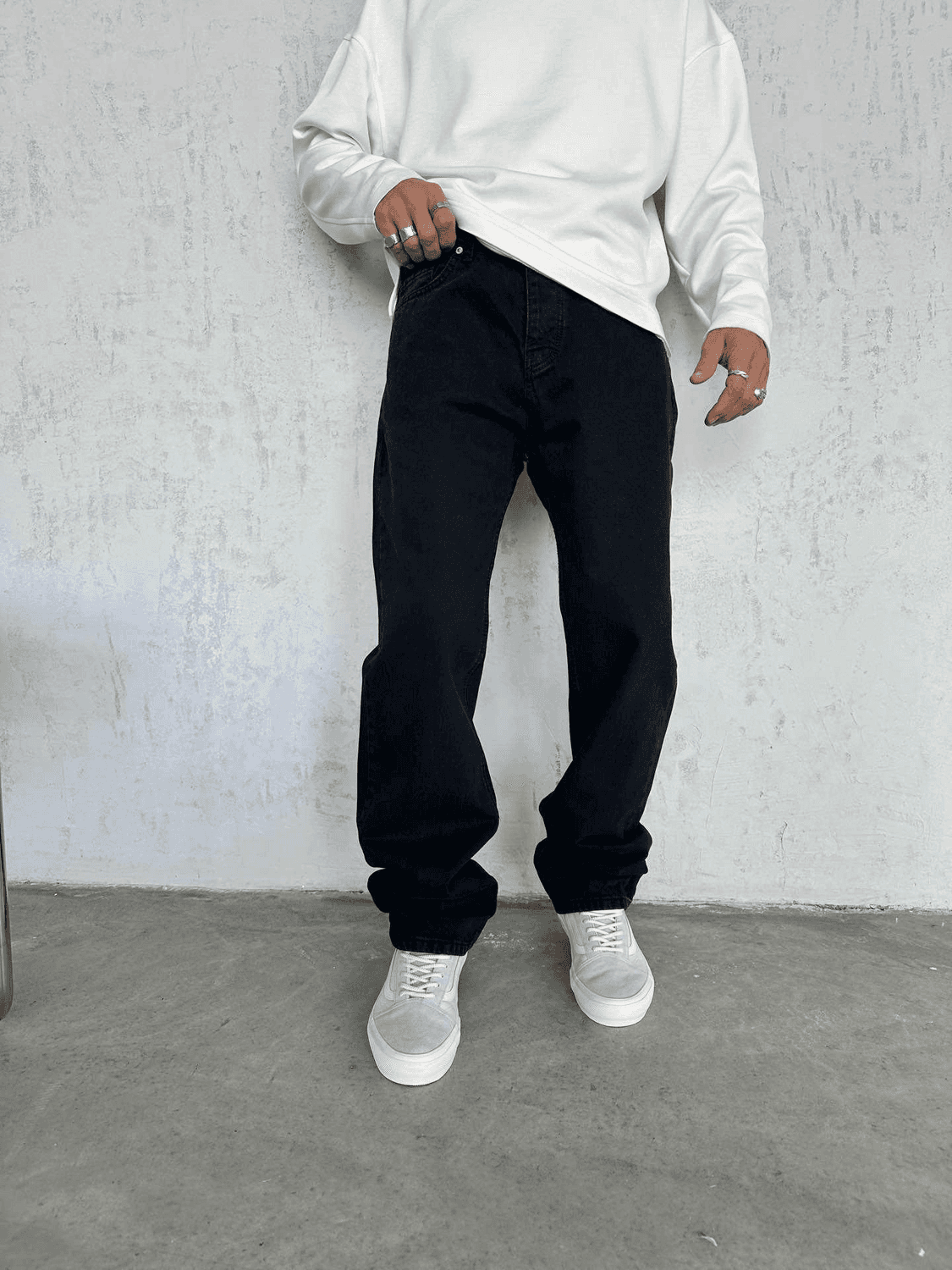 Erkek Rahat Kalıp Baggy Kot Pantolon -Füme