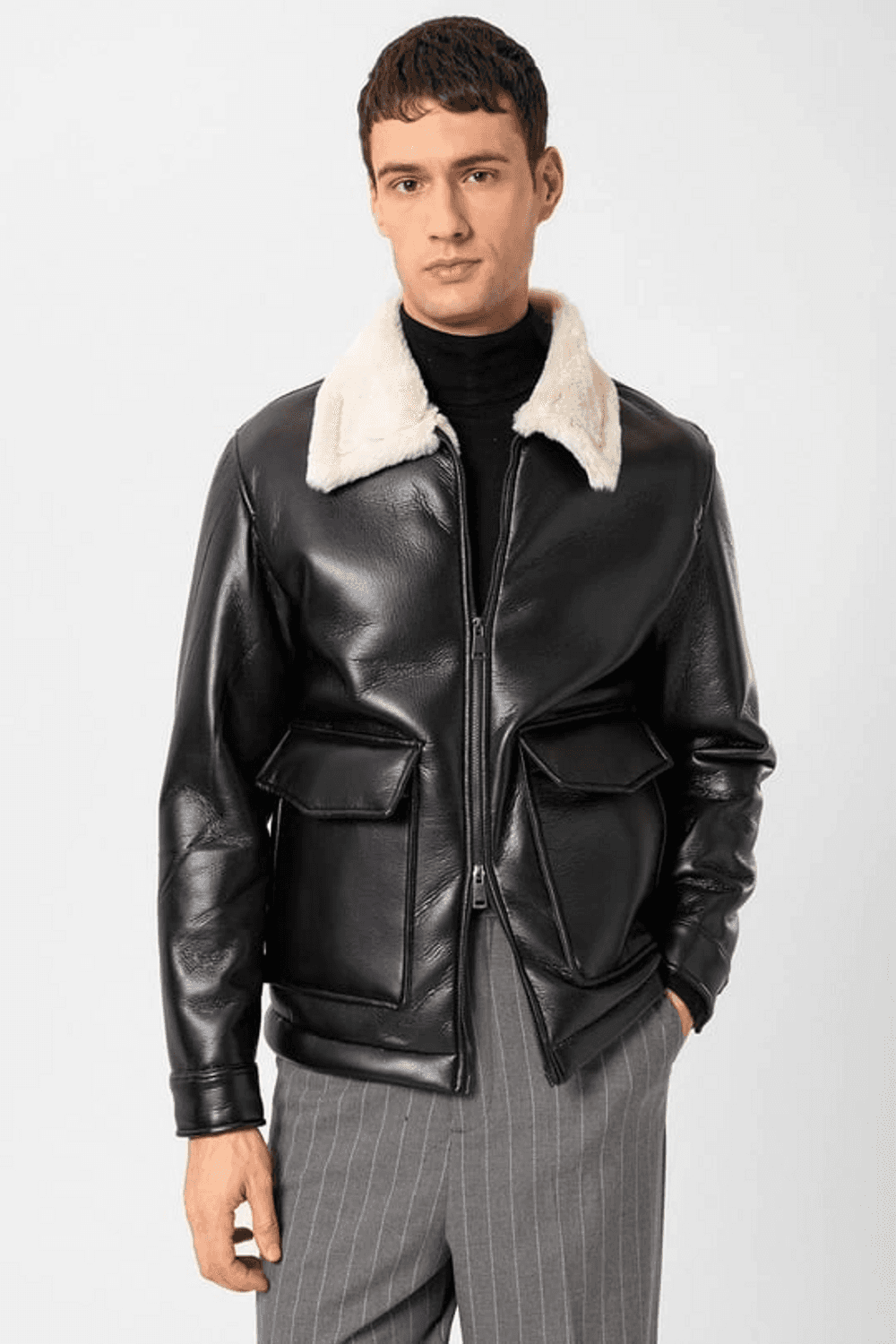 Erkek Normal Kalıp Önü Cepli İçi Kürklü Deri Mont- Siyah