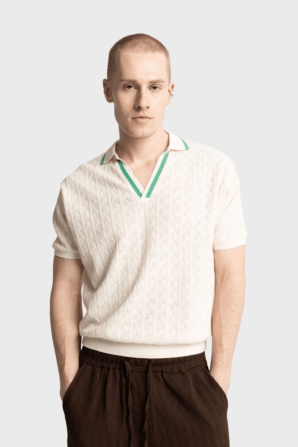 Men's Owersize Knitted Knitwear Polo Collar - Cream Green