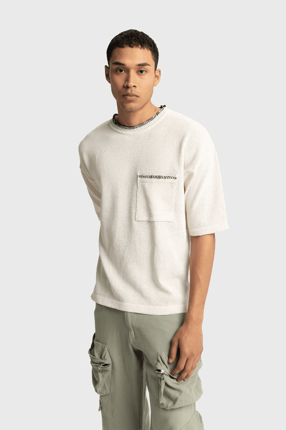 Erkek Owersize Bisiklet Yaka Örme Triko Tihşört - Ekru