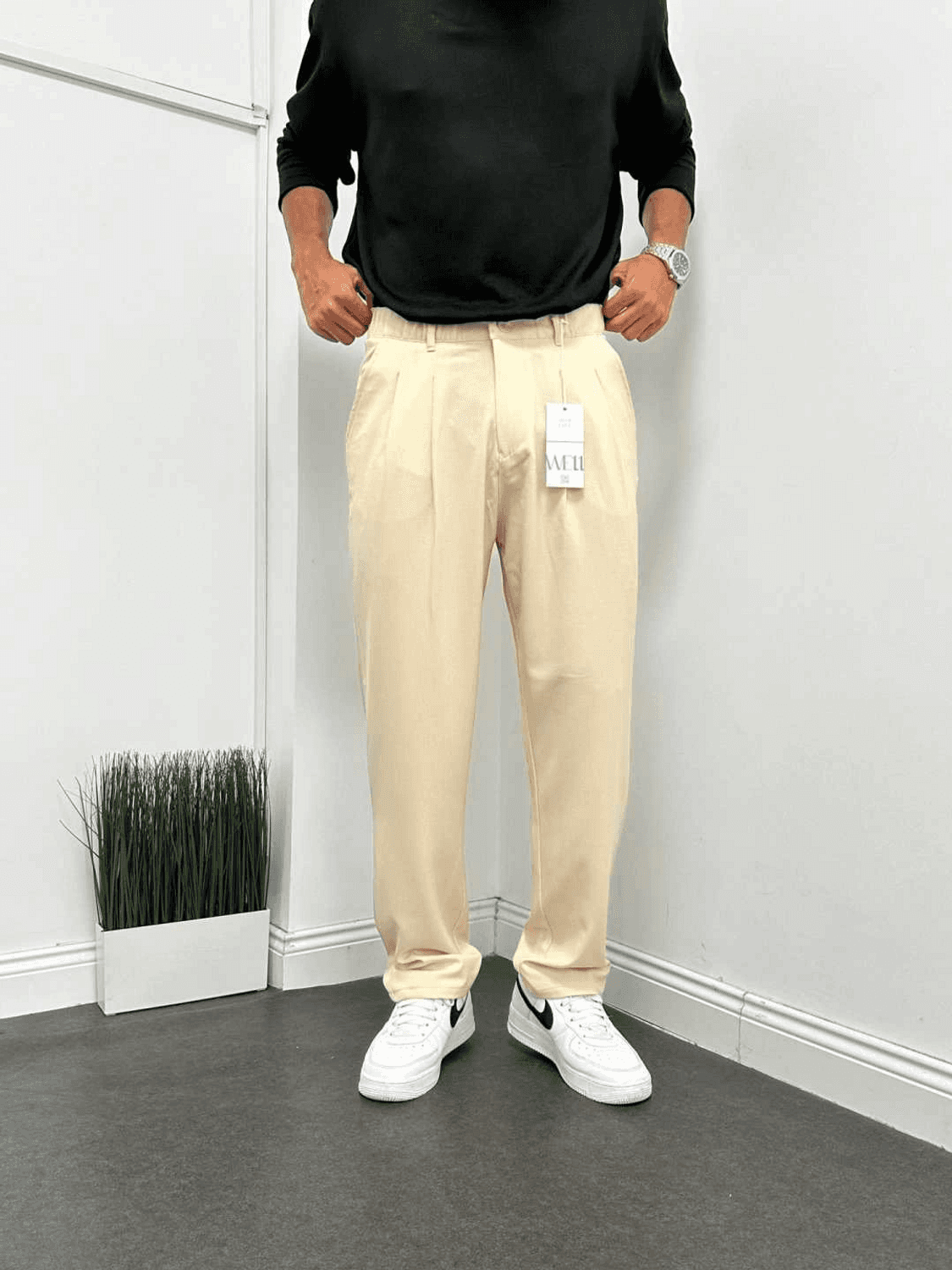 Erkek Beli Lastikli Likralı Kumaş Bagy Pantolon-Krem