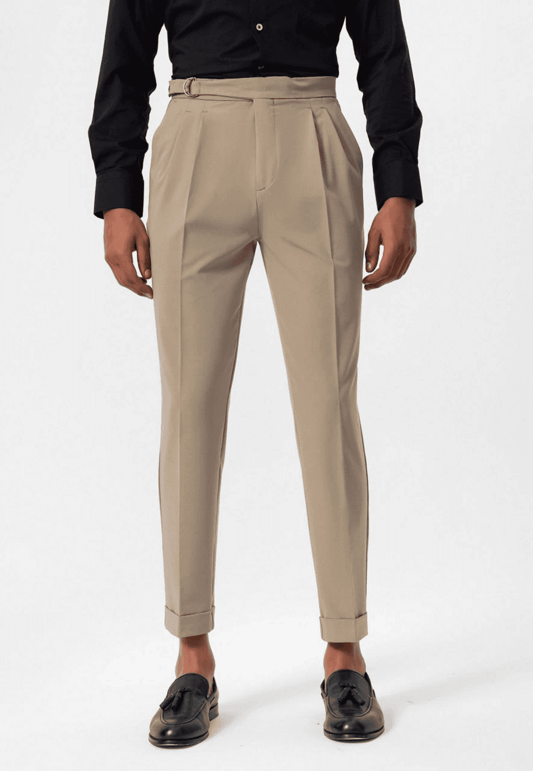 Erkek Yüksek Bel Pileli Tokalı Kumaş Pantolon- Bej