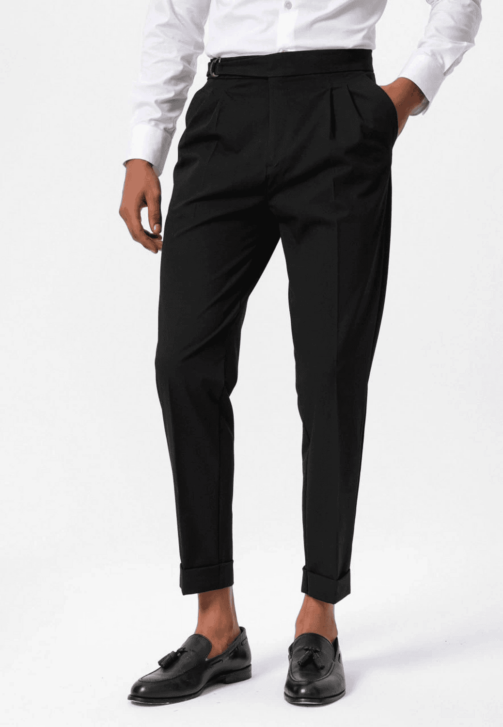 Erkek Yüksek Bel Pileli Tokalı Kumaş Pantolon- Siyah