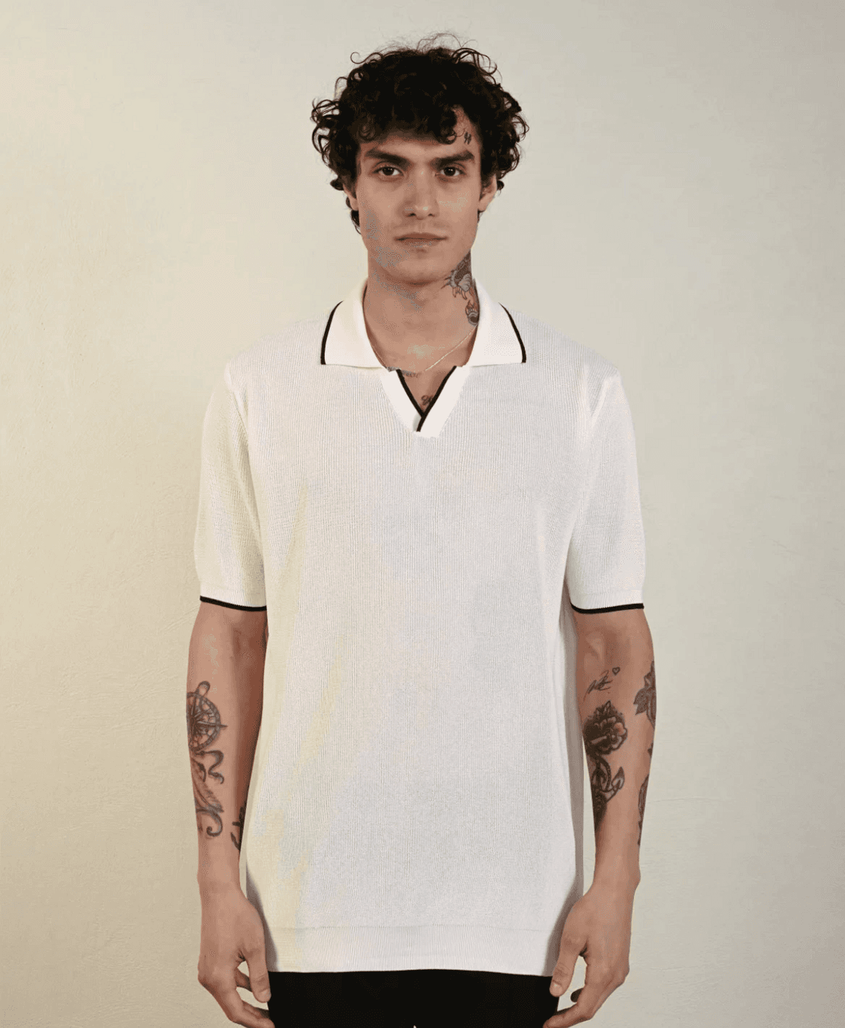 Erkek Triko Polo Yaka Örme Tişört - Beyaz