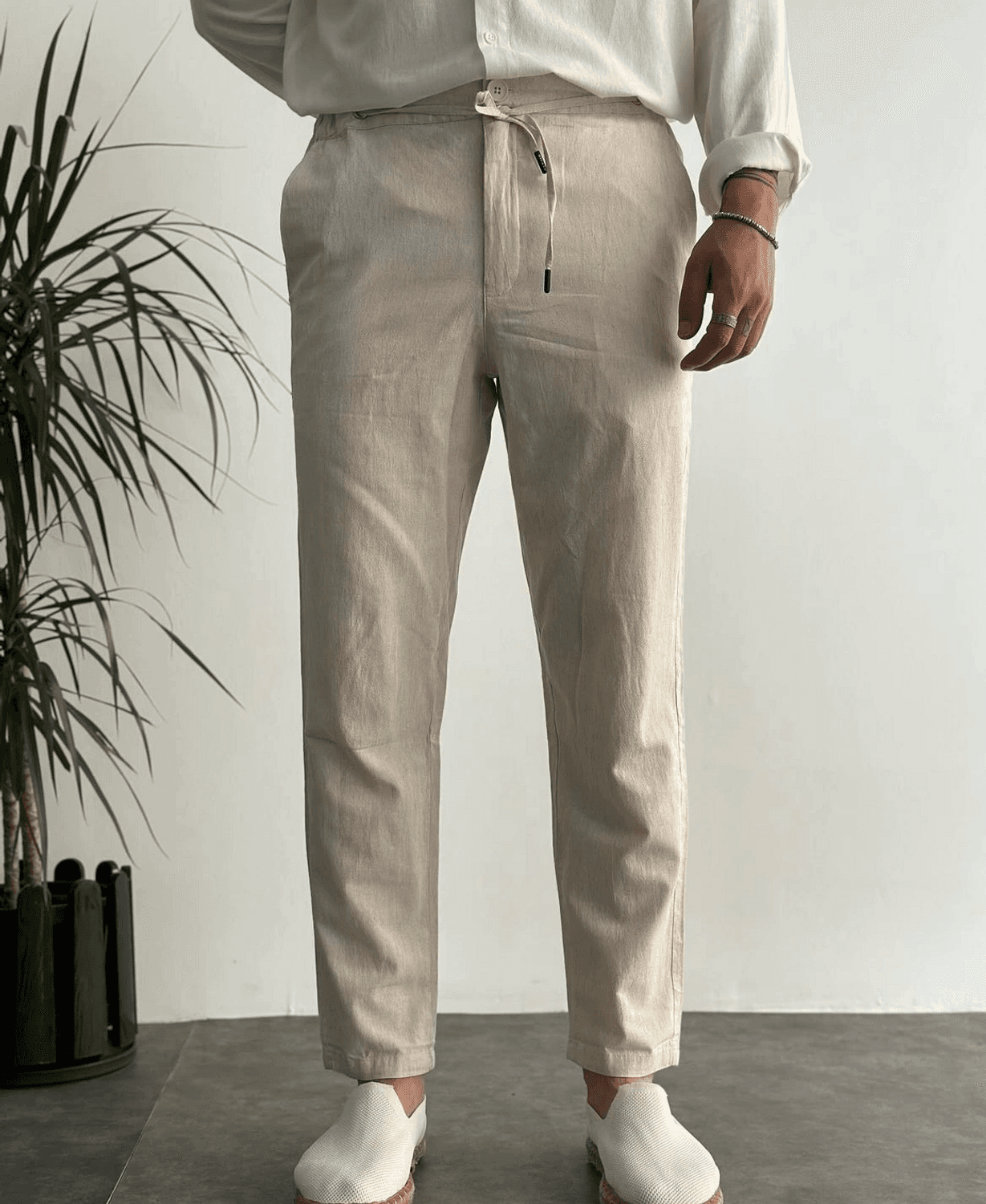 ErkekBel Lastilki Keten Pantolon - Krem