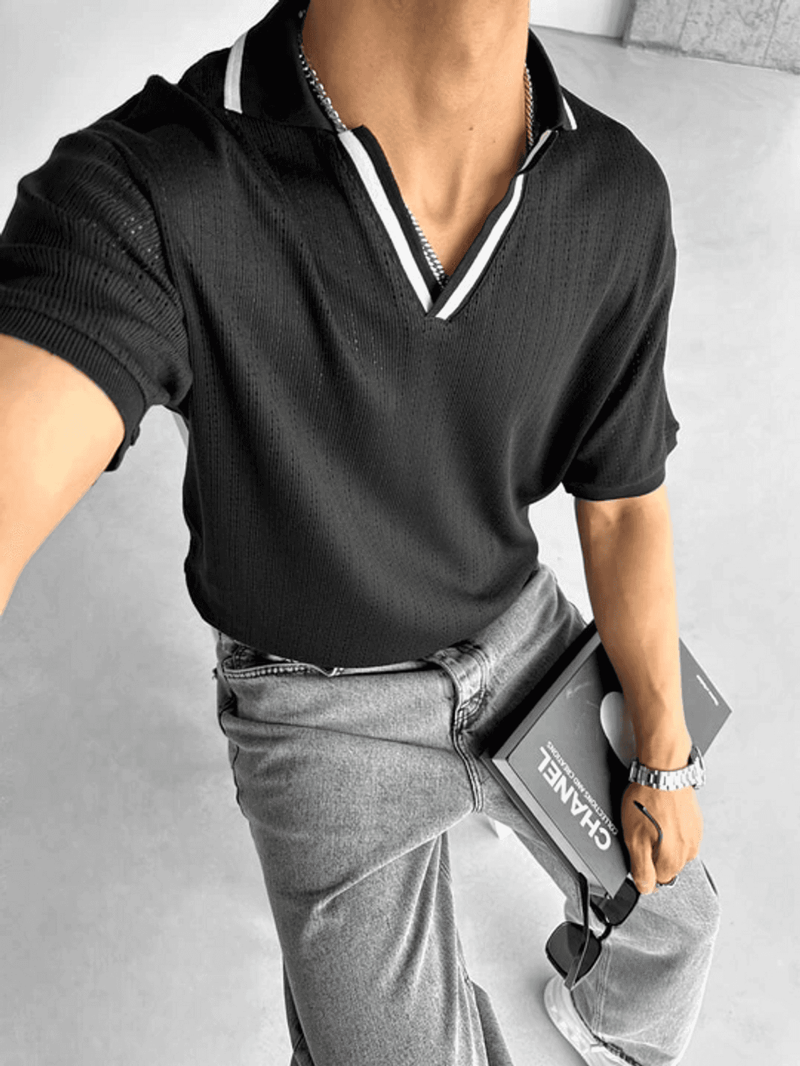 Erkek Owersize Örme Triko Polo Yaka - Siyah