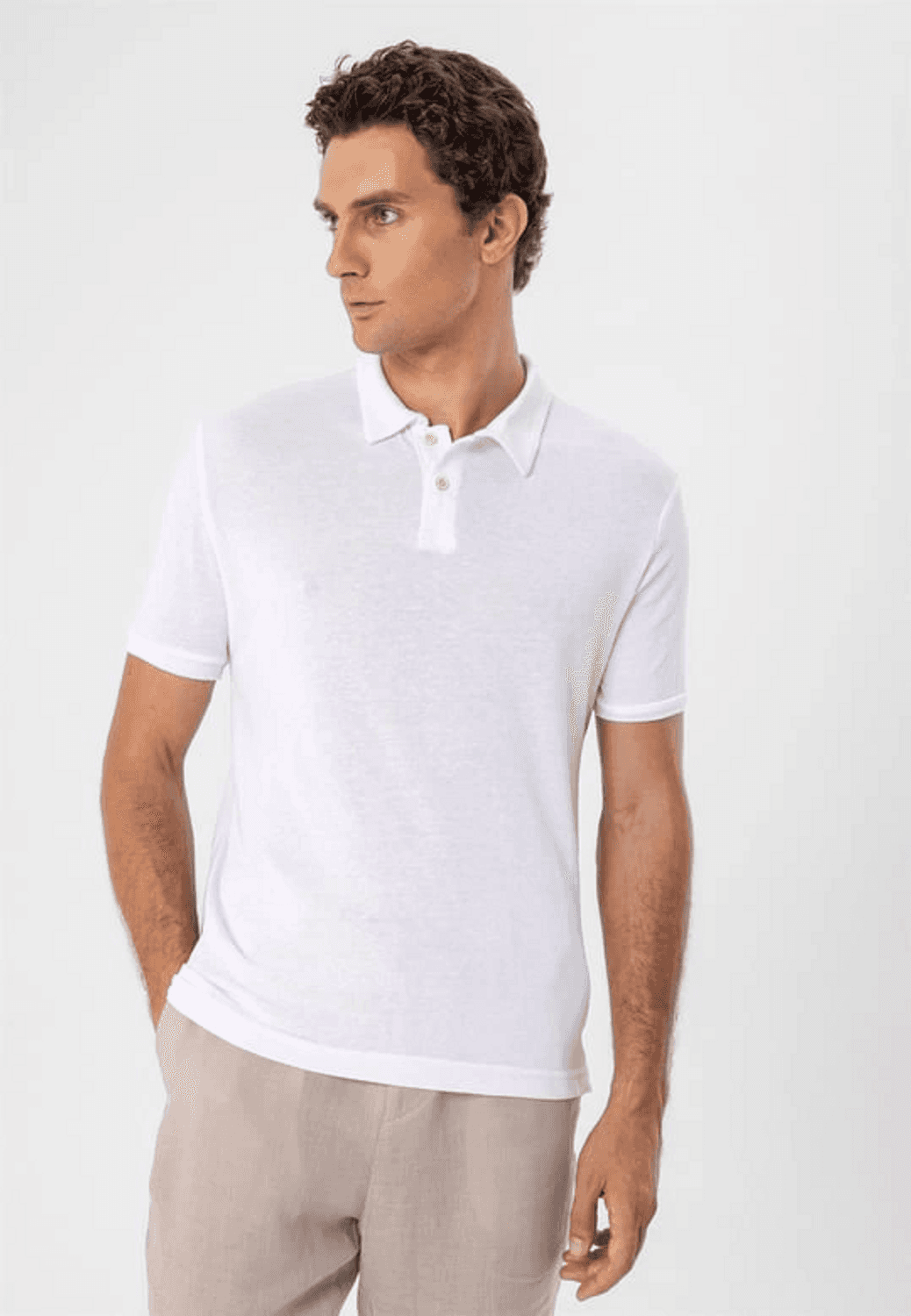 Erkek Polo Yaka Örme Kumaş Triko Thişört-Beyaz