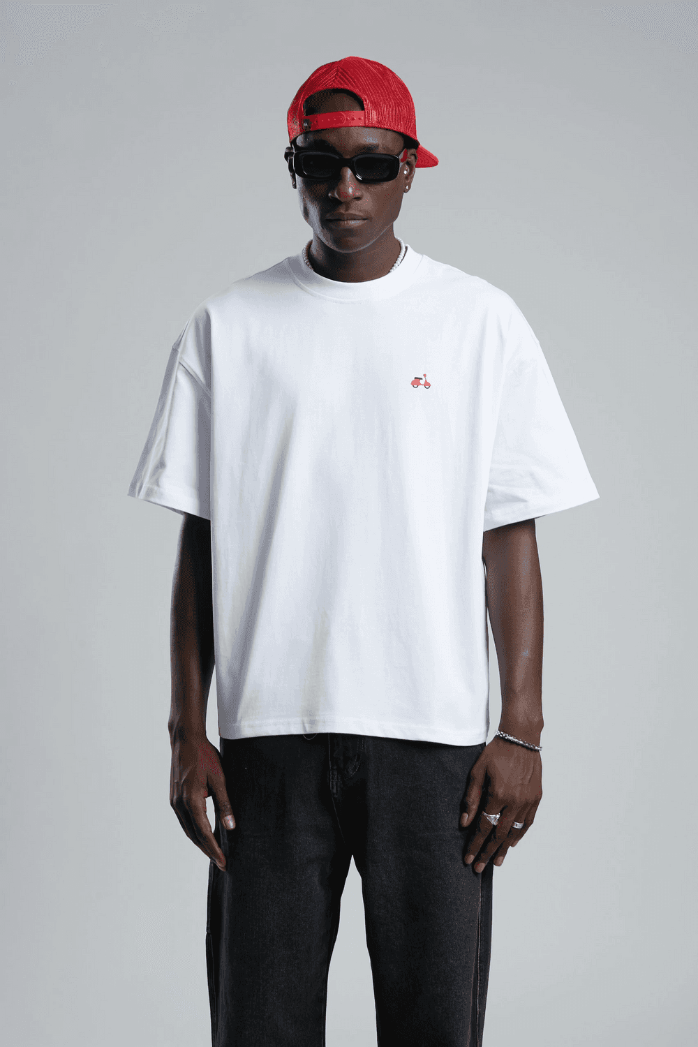 Erkek Owersıze Bisiklet Yaka Baskılı Tişört -Beyaz
