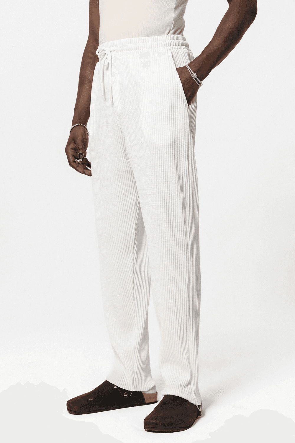 Men's White Elastic Waist Textured Baggy Pants in Oversized Fit, 95% Cotton, Comfortable and Durable, Available in S, M, L, XL Sizes