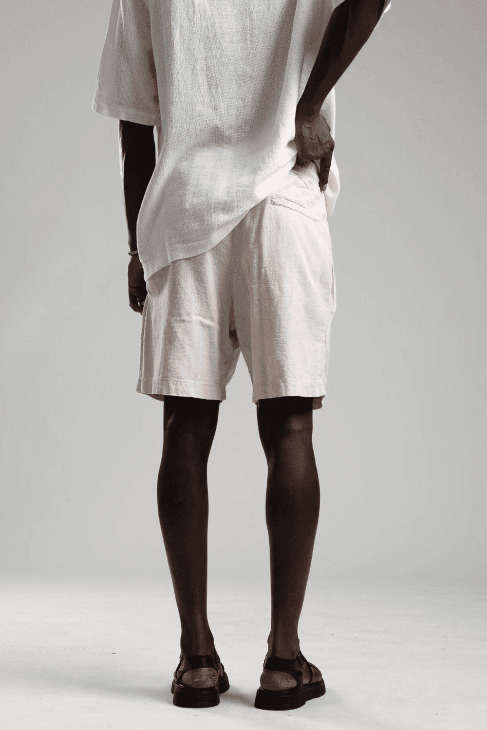 Erkek Beli Lastikli Keten Şort- Krem