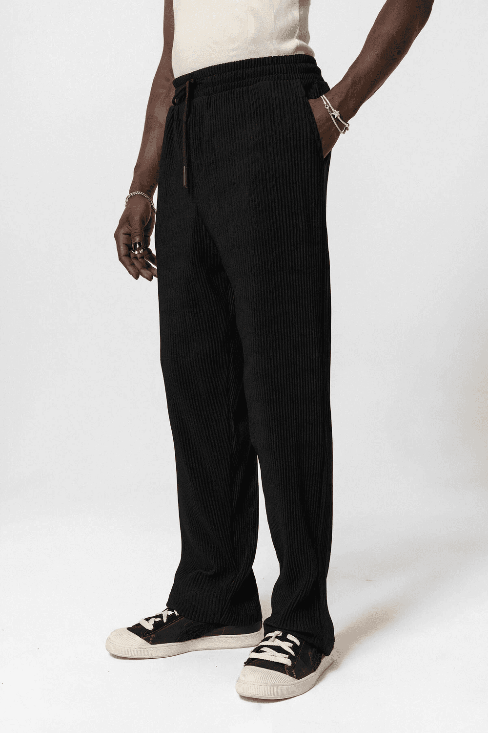 Men's Black Pleated Baggy Pants with Elastic Waistband and Pocket, 95% Cotton Oversized Fit