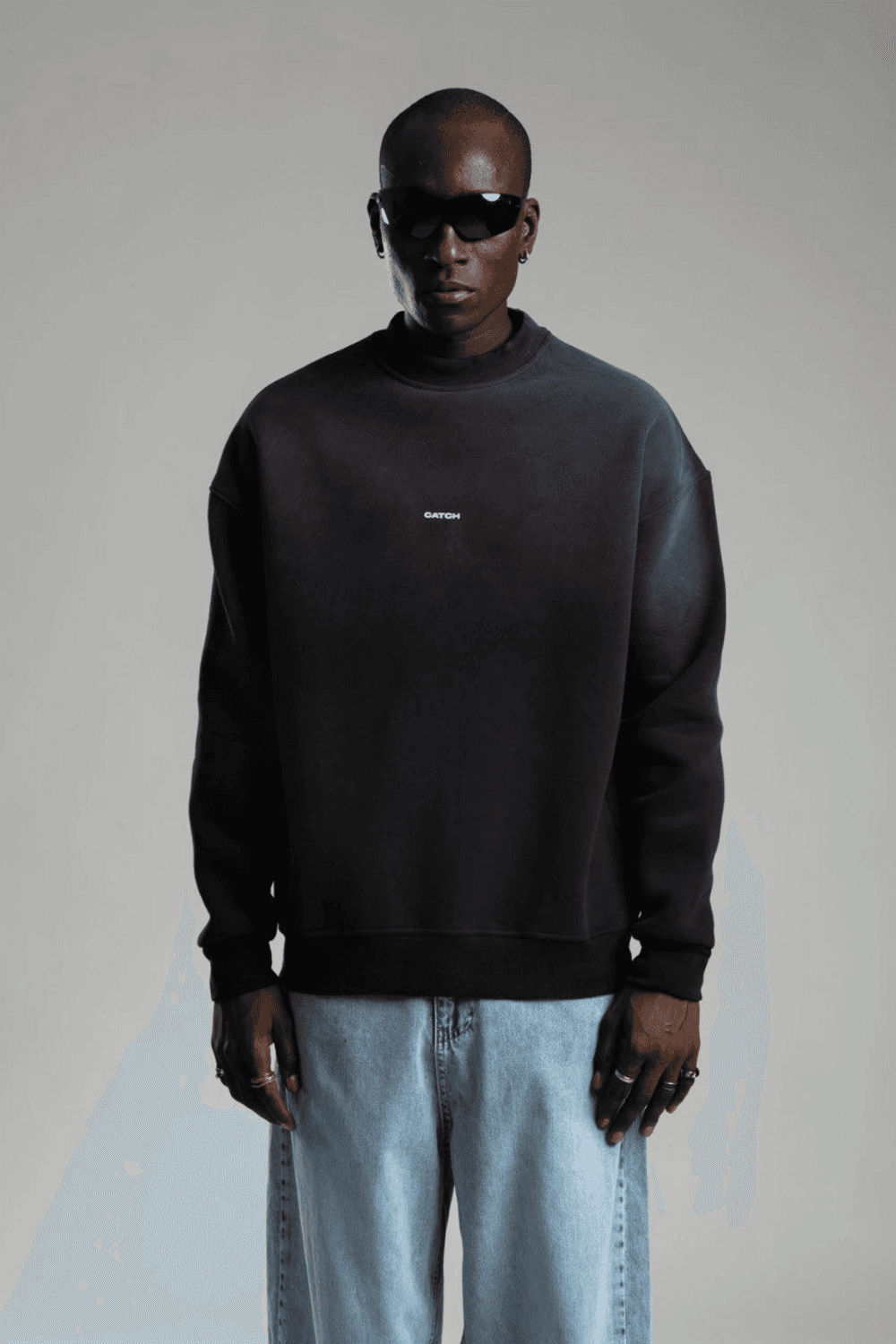 Erkek Owersize İçi Şardonlu Bisiklet Yaka Catch Yazılı Eskitme Sweatshirt - Gri