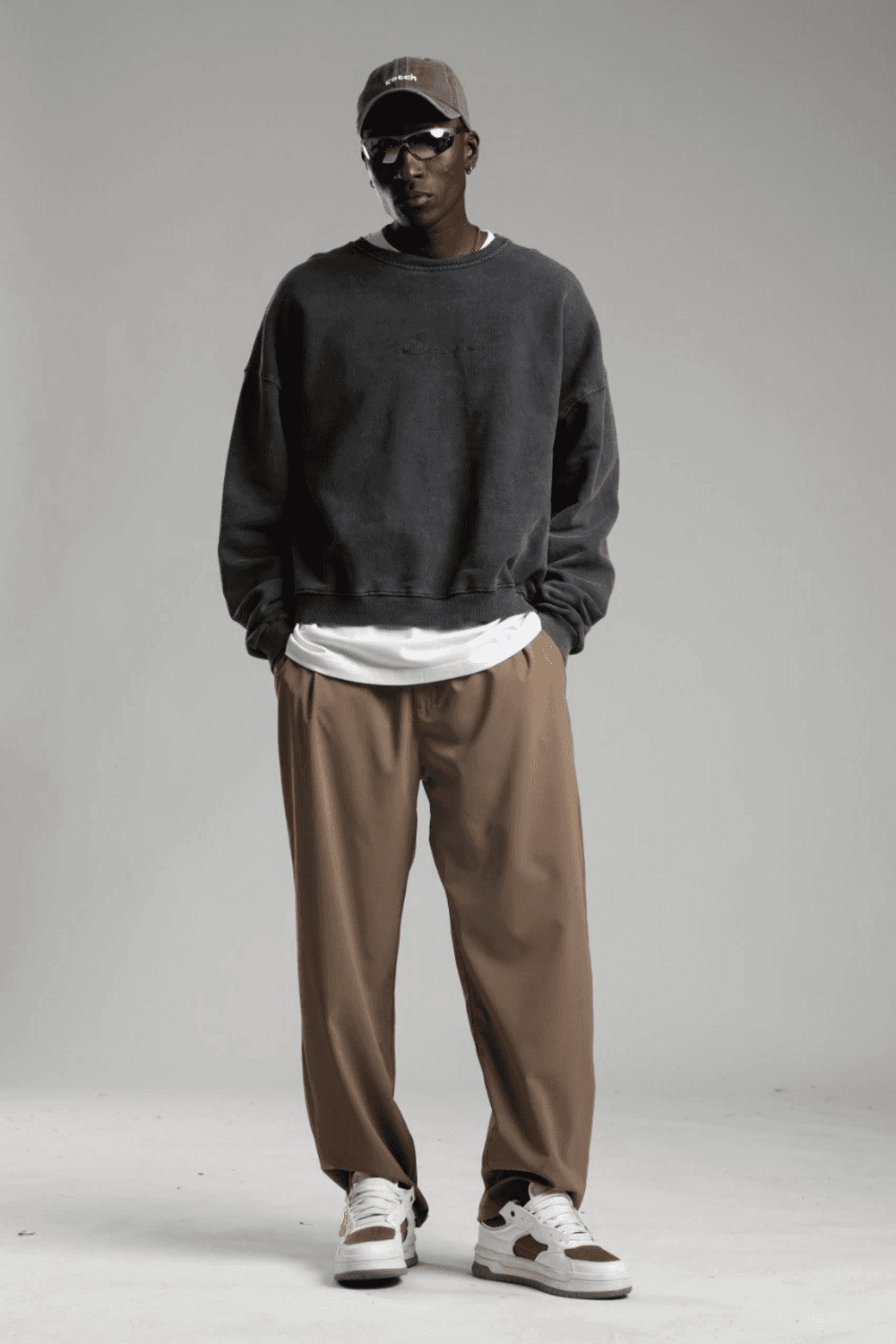 Erkek Owersize İçi Şardonlu Bisiklet Yaka Eskitme Sweatshirt - Füme