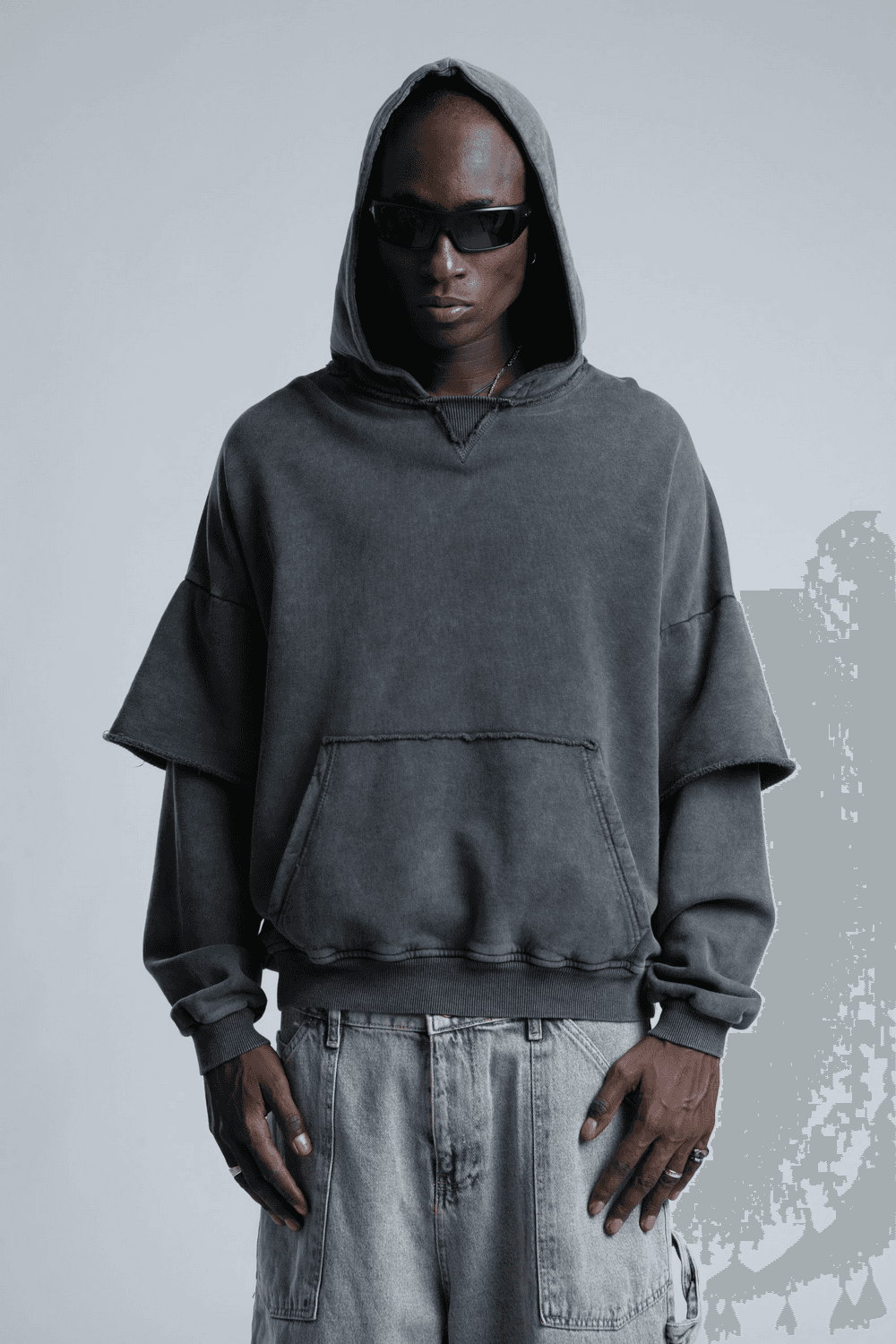 Owersize Kapüşonlu Yıkamalı Sweatshirt -Füme