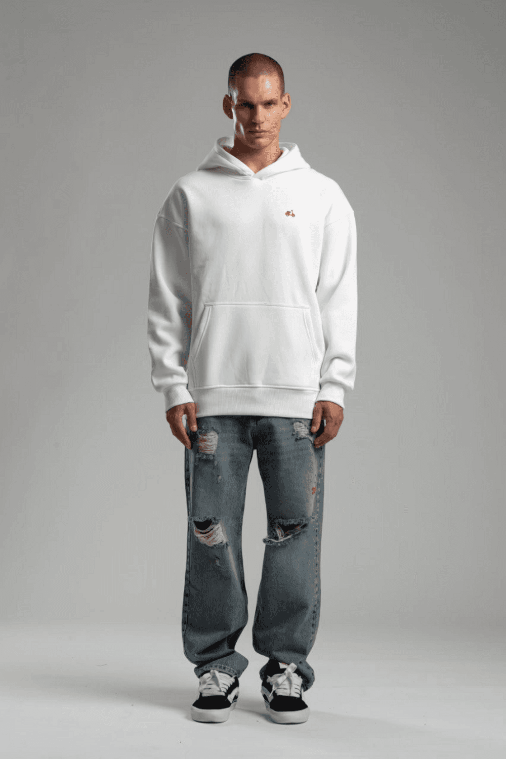 Owersize İçi Şardonlu Kapüşonlu Baskılı Sweatshirt -Beyaz