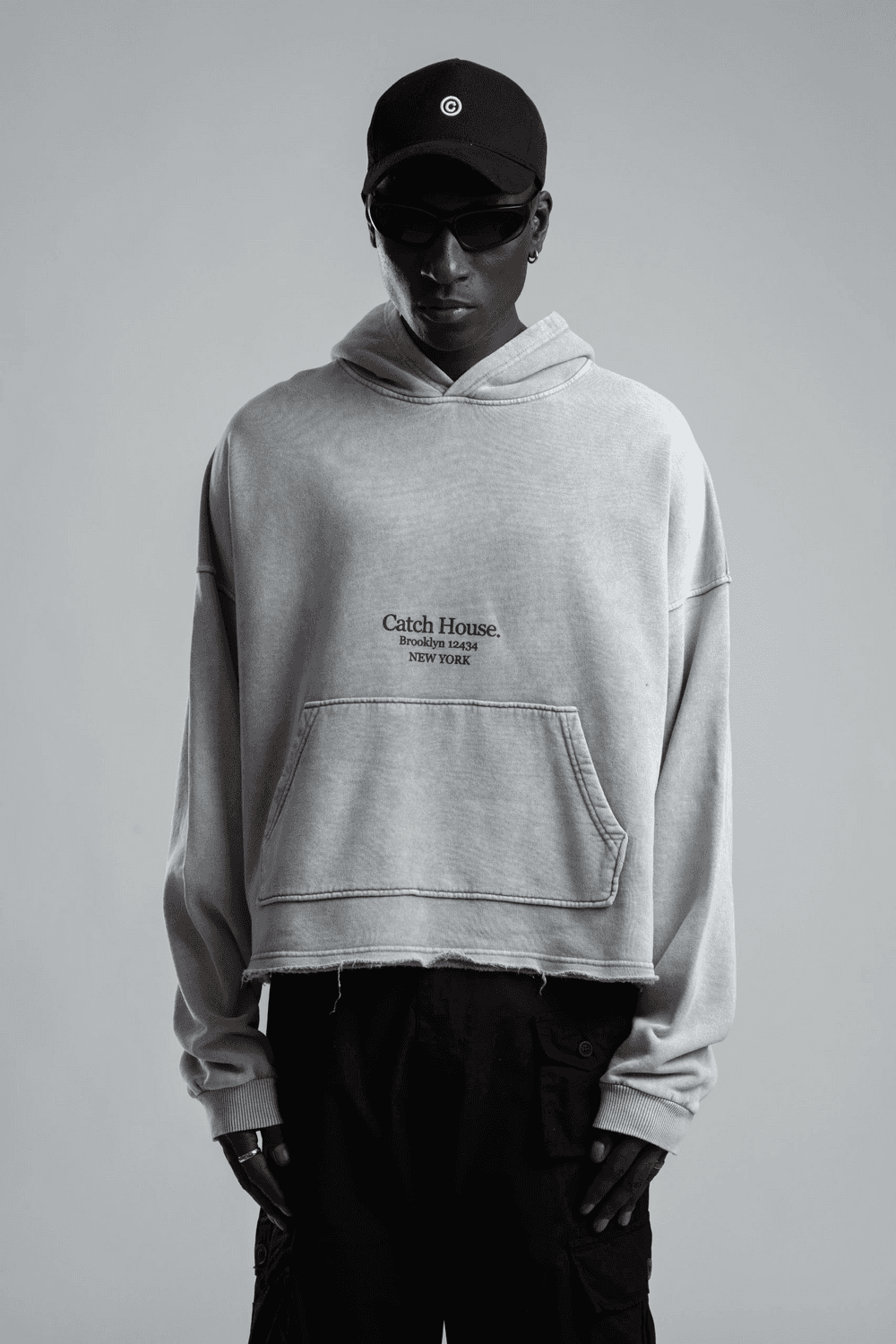 Owersize Baskılı Bisiklet Yaka Kapüşonlu Yıkamalı Sweatshirt -Gri