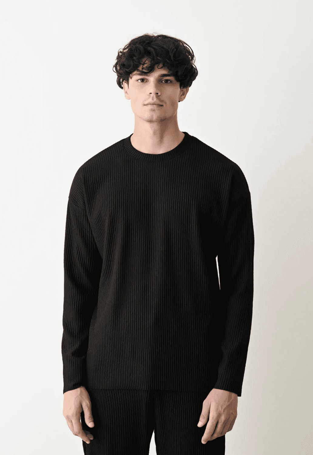 Erkek Bisiklet Yaka Fitilli Uzun Kol Owersıze Sweat-Siyah