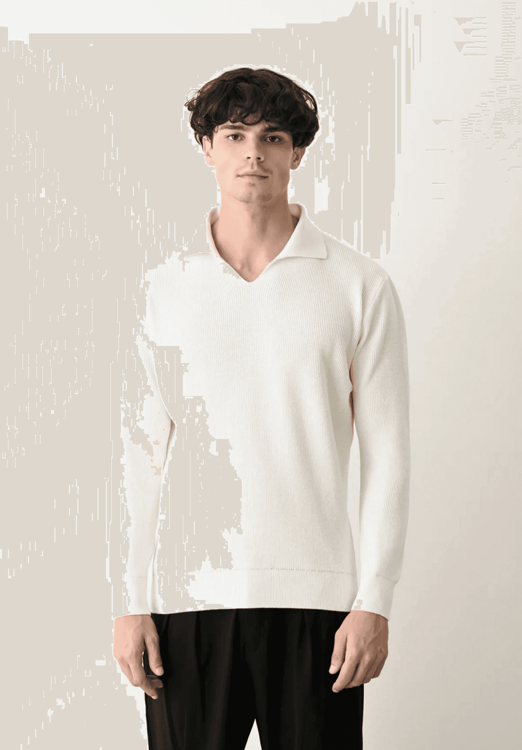 Erkek Polo Yaka Uzun Kol Örme Triko - Beyaz