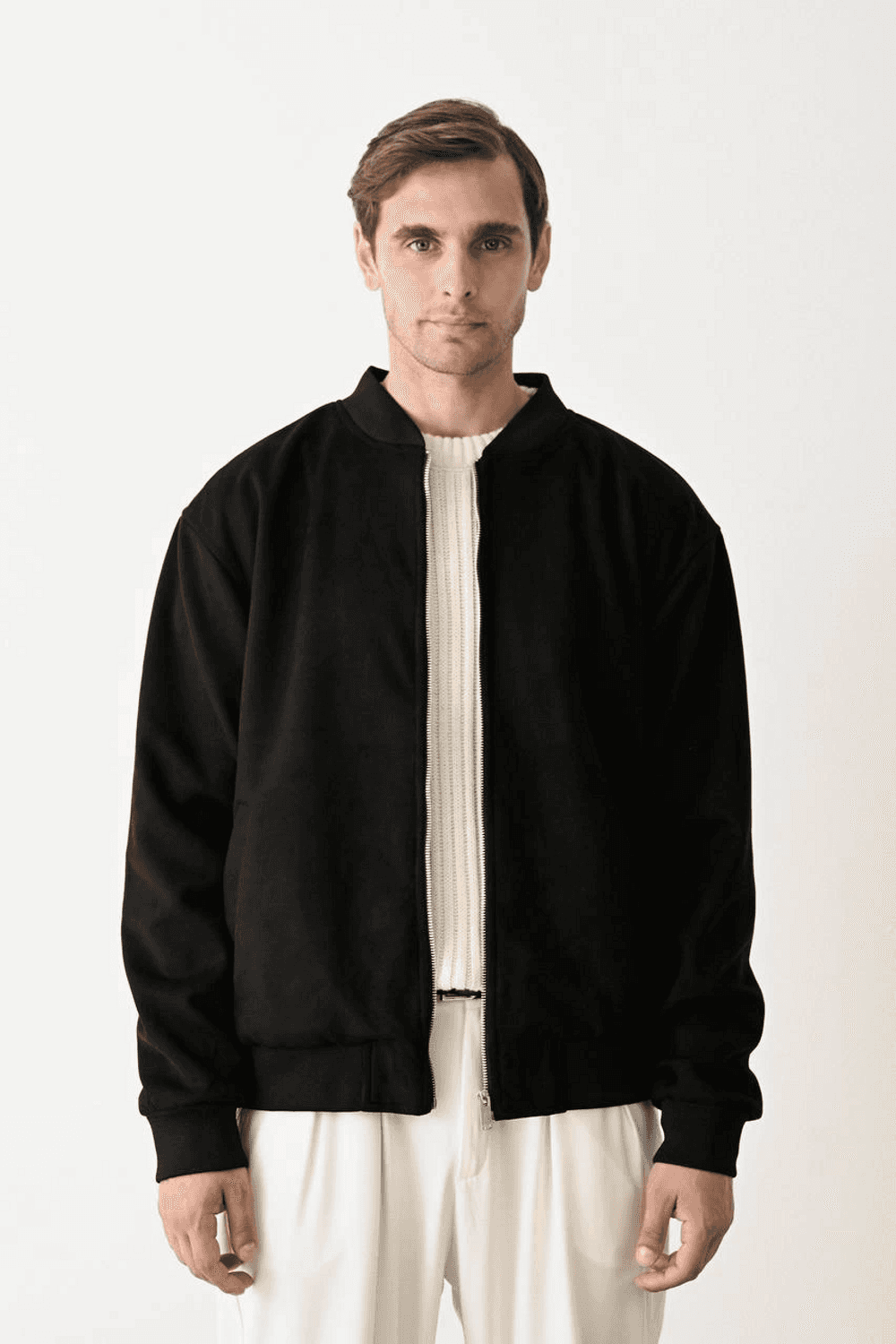 Erkek Hakim Yaka Owersize Nubuk Fermuarlı Pilot Mont -Siyah